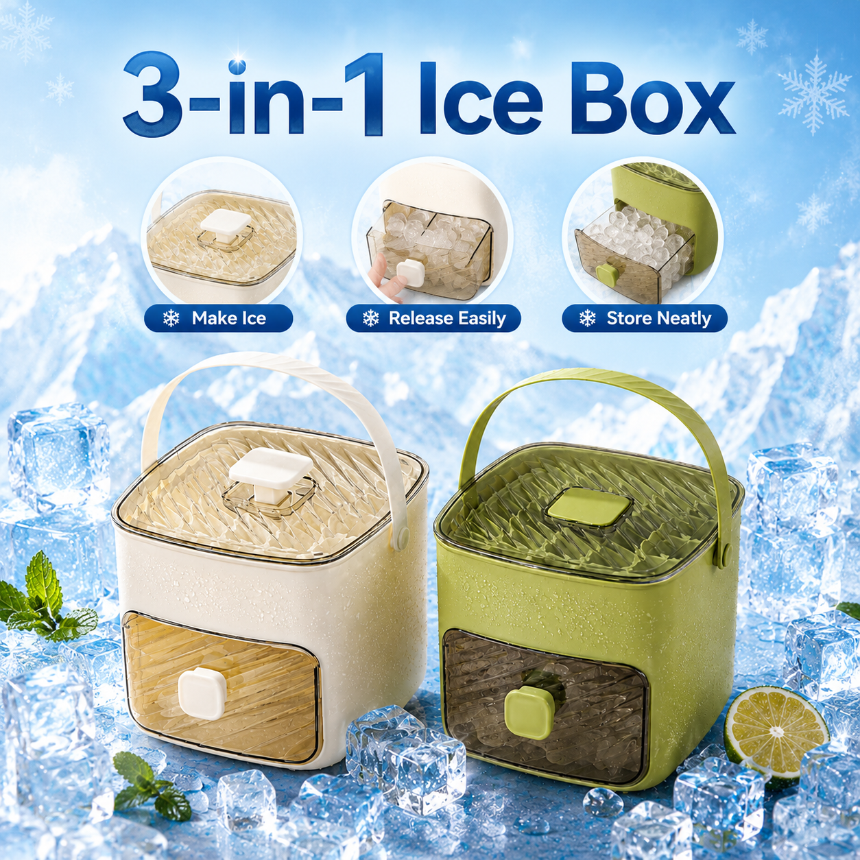 48-Cube 3-in-1 Portable Ice Cube Maker Box with Storage Drawer โ Make, Release & Store Ice Easily for Cold Drinks-LUN