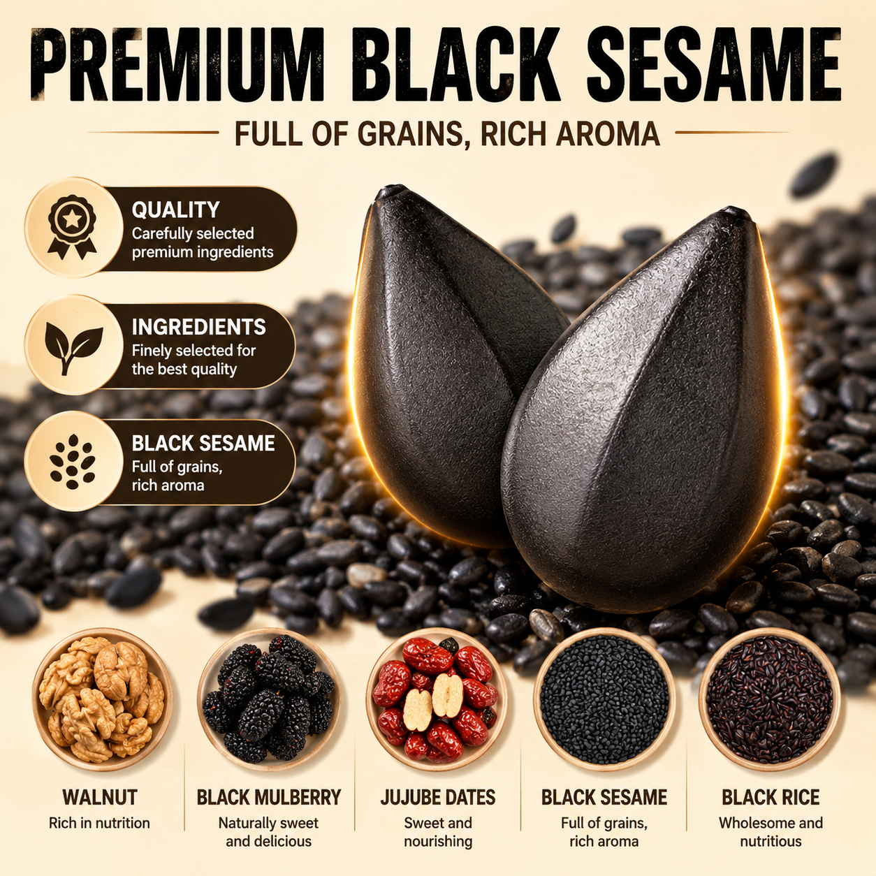 Intangible Heritage 5-Treasure Black Sesame Balls – Nine-Steamed & Nine-Sun-Dried Traditional Craft & Repair Damaged Hair&Promote Sleep-TI