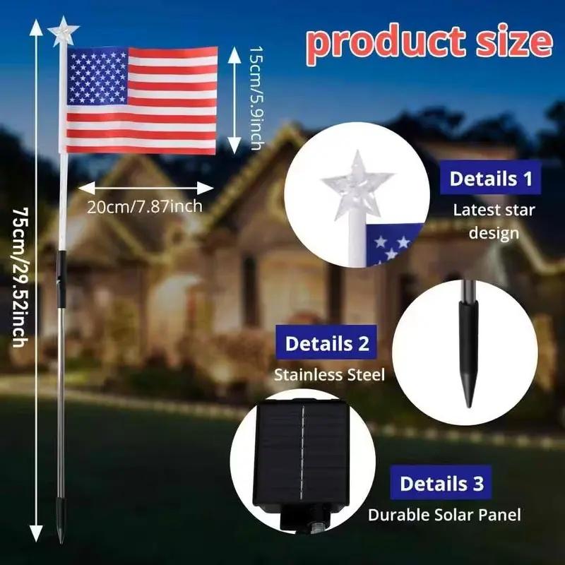 🎉Solar-powered outdoor American flag light set🎉, 4th of July Decorations with 8 Lighting Modes, Dusk-to-Dawn Auto On/Off Red White Blue Lights for Pathway, Garden Yd Decor, Solar Outdoor Lights-LIN