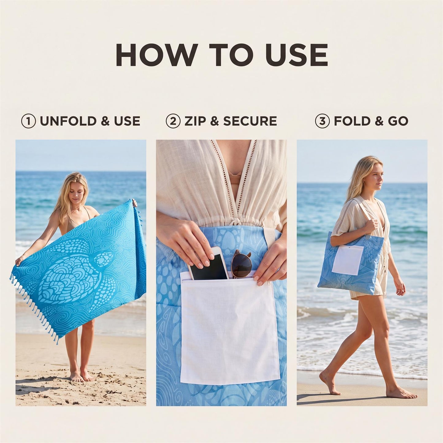 AMZ Convertible Beach Towel Bag, Multi-Functional Outdoor Gear, Portable & Lightweight