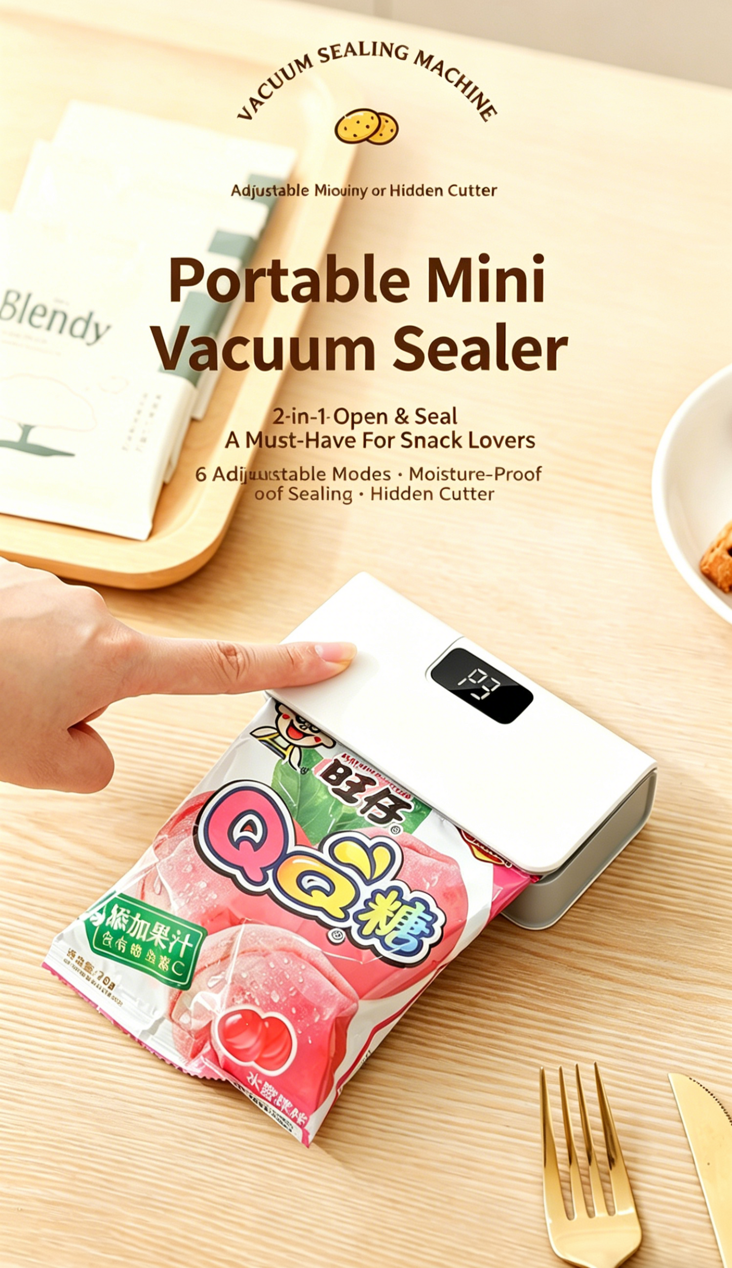 🌟 Rechargeable Mini Bag Sealer & Cutter 🌟, 2-in-1 USB-C Handheld Heat Sealer with Magnet, 6 Temp Levels & LED Display for Food Storage Bags-LIN