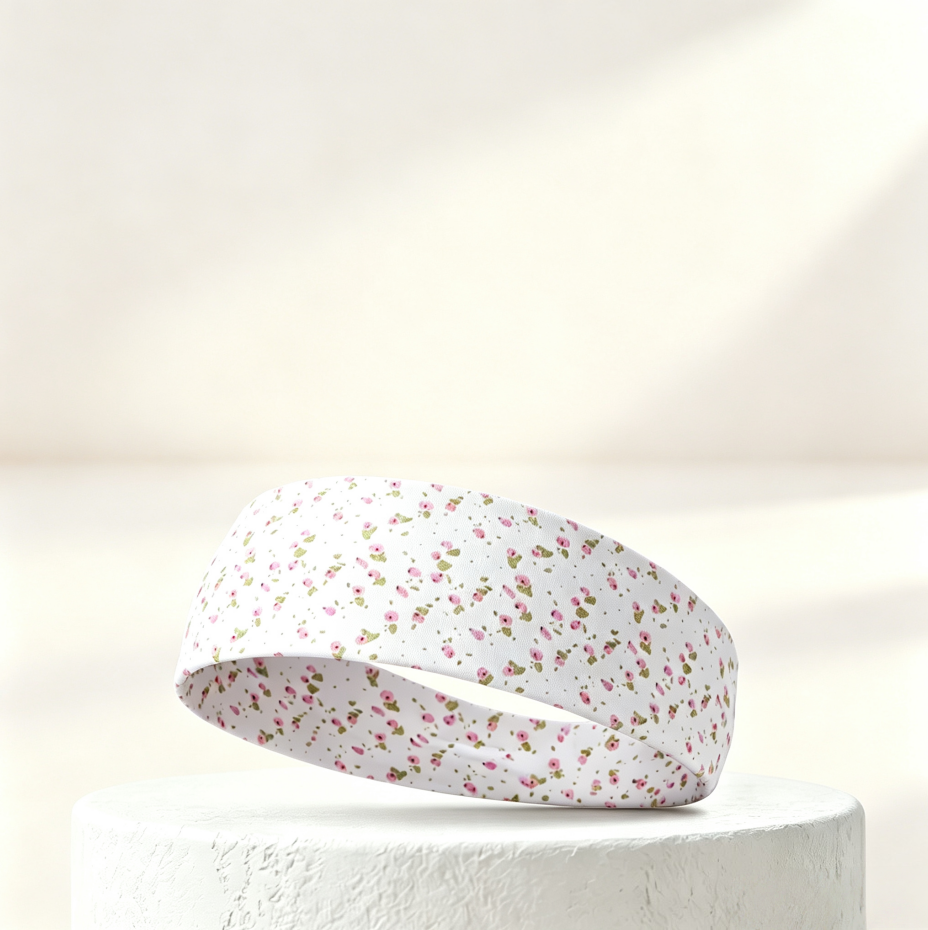 AMZ White Floral High Elastic Sports Headband Non-Slip Sweat Absorbing Running Hair Wrap