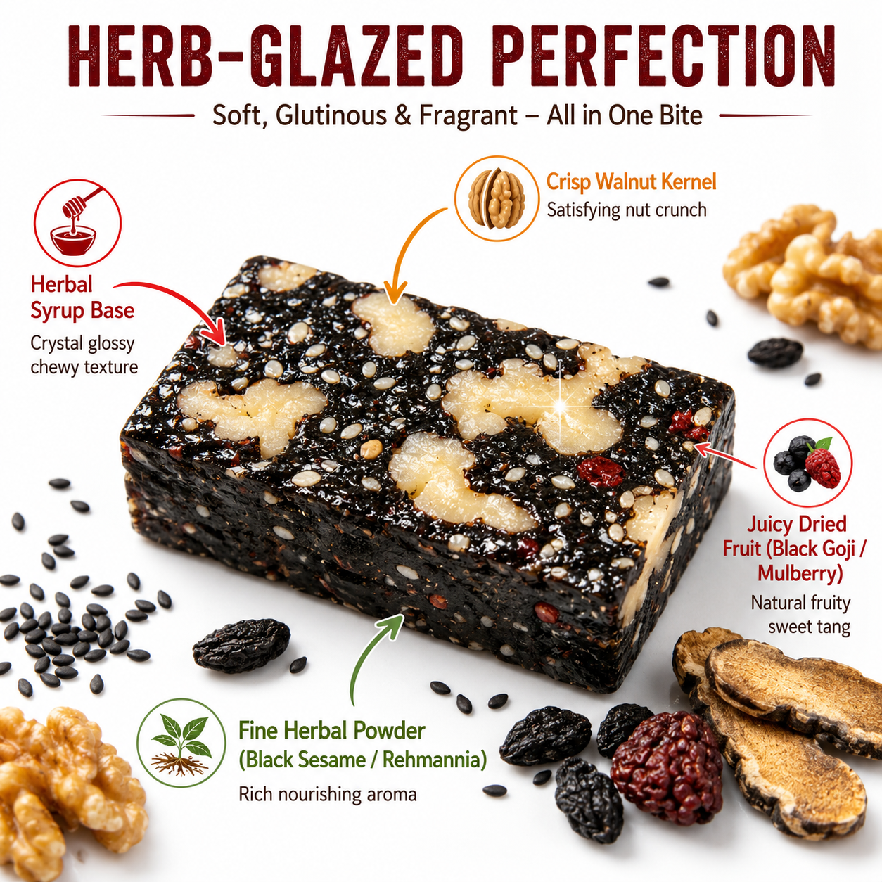 Mulberry Rehmannia & Black Goji Sesame Cake – Soft Herbal Nut Snack, Low Sugar Energy Bar-TI