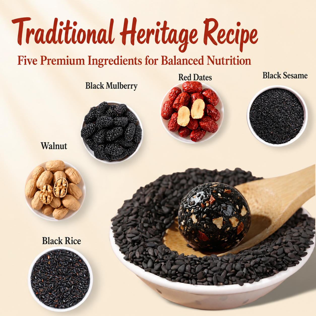 Intangible Heritage 5-Treasure Black Sesame Balls – Nine-Steamed & Nine-Sun-Dried Traditional Craft & Repair Damaged Hair&Promote Sleep-TI