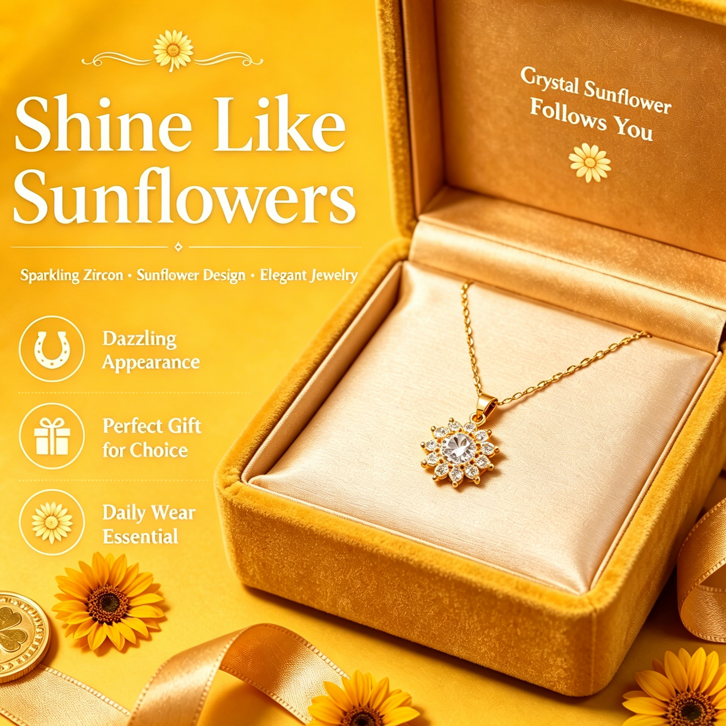 Sunflower Zircon Pendant Necklace Brings Light & Positivity for Wealth & Good Luck-LIN