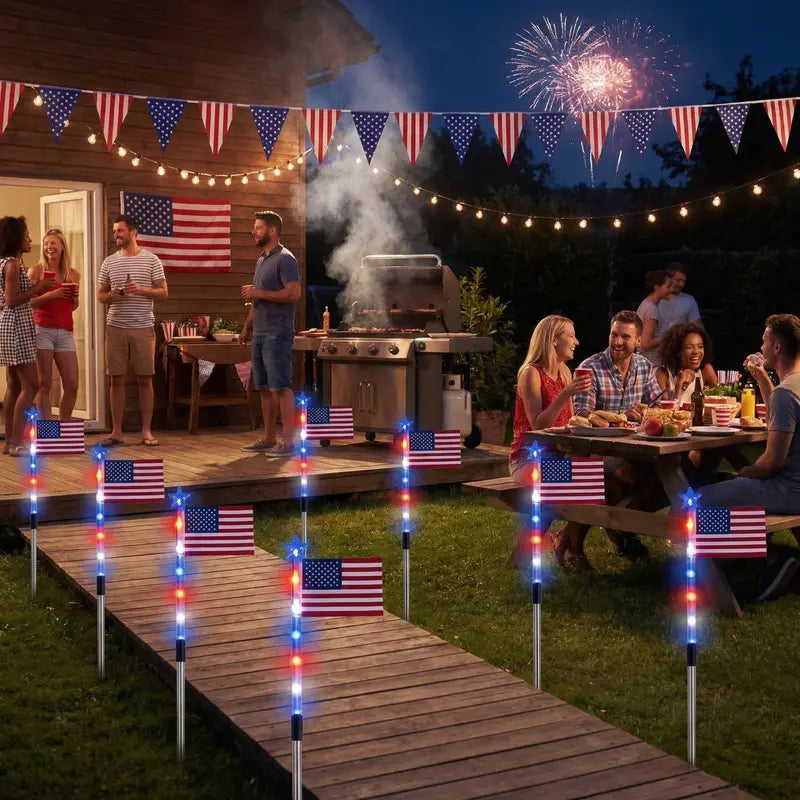 🎉Solar-powered outdoor American flag light set🎉, 4th of July Decorations with 8 Lighting Modes, Dusk-to-Dawn Auto On/Off Red White Blue Lights for Pathway, Garden Yd Decor, Solar Outdoor Lights-LIN