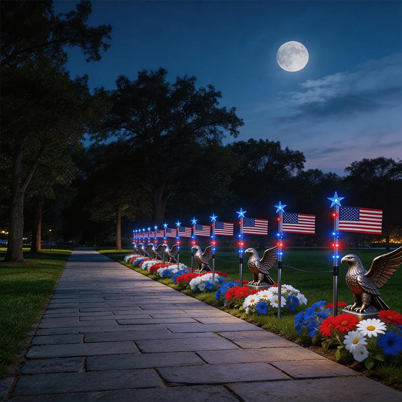 🎉Solar-powered outdoor American flag light set🎉, 4th of July Decorations with 8 Lighting Modes, Dusk-to-Dawn Auto On/Off Red White Blue Lights for Pathway, Garden Yd Decor, Solar Outdoor Lights-LIN