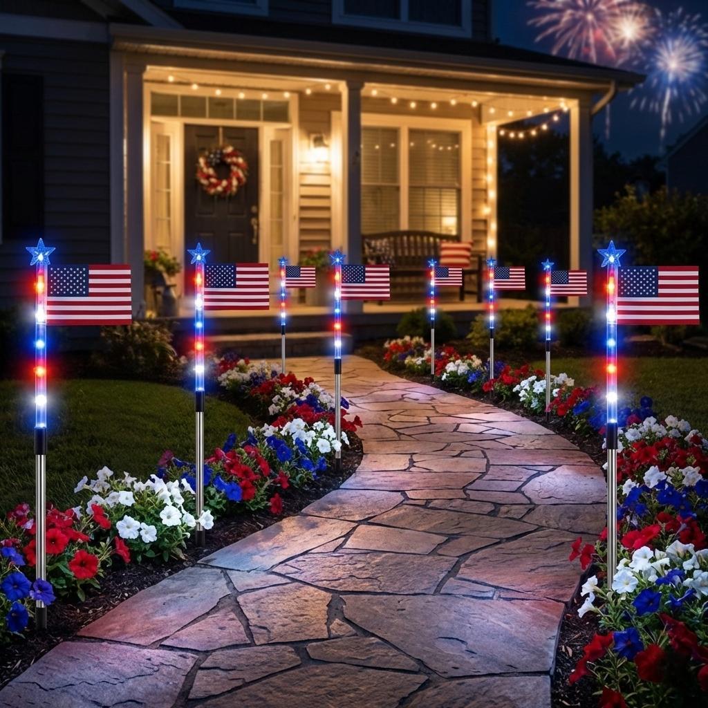 🎉Solar-powered outdoor American flag light set🎉, 4th of July Decorations with 8 Lighting Modes, Dusk-to-Dawn Auto On/Off Red White Blue Lights for Pathway, Garden Yd Decor, Solar Outdoor Lights-LIN