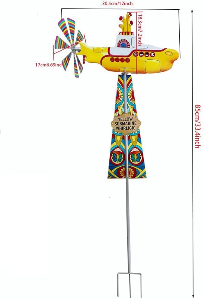 Yellow submarine windmill, a movable outdoor garden decoration with rotating blades, a sturdy and durable metal courtyard windmill, suitable for patios, porches or family gardens, featuring UV protection and non-fading dynamic art sculptures-LIN