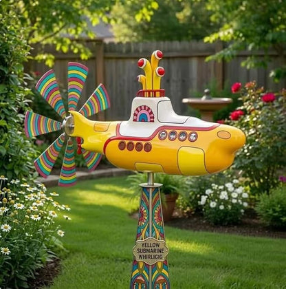 Yellow submarine windmill, a movable outdoor garden decoration with rotating blades, a sturdy and durable metal courtyard windmill, suitable for patios, porches or family gardens, featuring UV protection and non-fading dynamic art sculptures-LIN