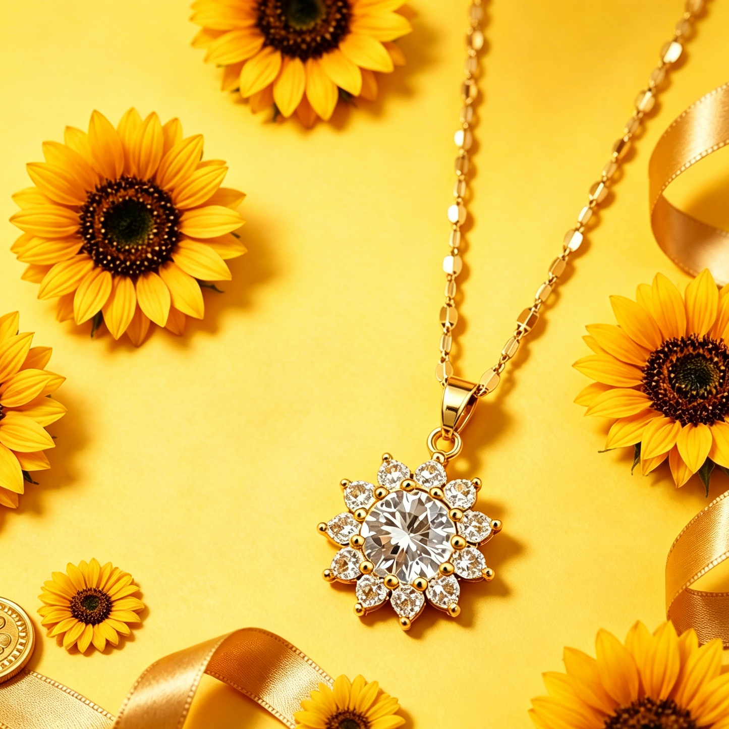 Sunflower Zircon Pendant Necklace Brings Light & Positivity for Wealth & Good Luck-LIN