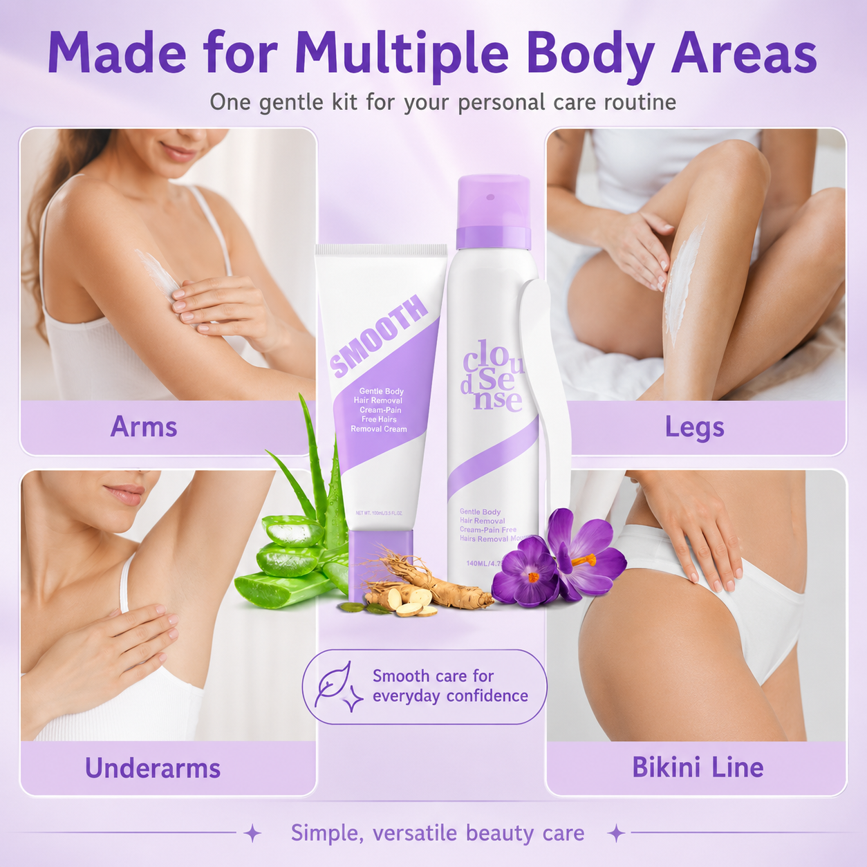 2-Pack Hypoallergenic Bikini Hair Removal Kit💜 , Painless Formula for Sensitive Skin | Fast-Acting Gentle Bundle with Aloe & Hyaluronic Acid, Big Saving for Daily Use-TI
