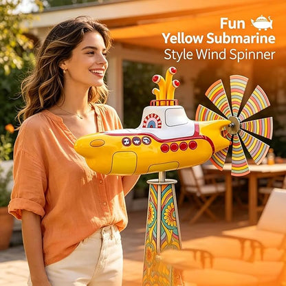 Yellow submarine windmill, a movable outdoor garden decoration with rotating blades, a sturdy and durable metal courtyard windmill, suitable for patios, porches or family gardens, featuring UV protection and non-fading dynamic art sculptures-LIN