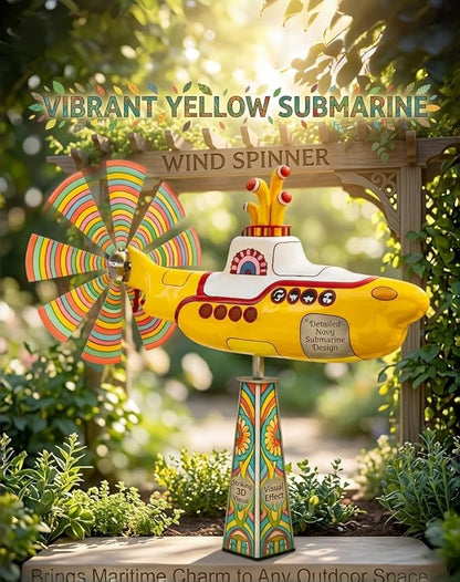 Yellow submarine windmill, a movable outdoor garden decoration with rotating blades, a sturdy and durable metal courtyard windmill, suitable for patios, porches or family gardens, featuring UV protection and non-fading dynamic art sculptures-LIN