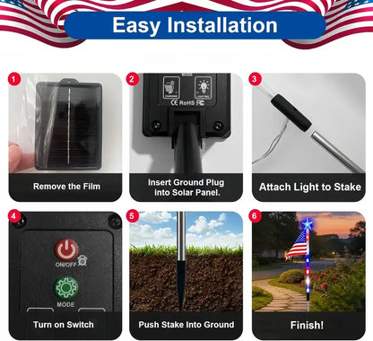 🎉Solar-powered outdoor American flag light set🎉, 4th of July Decorations with 8 Lighting Modes, Dusk-to-Dawn Auto On/Off Red White Blue Lights for Pathway, Garden Yd Decor, Solar Outdoor Lights-LIN