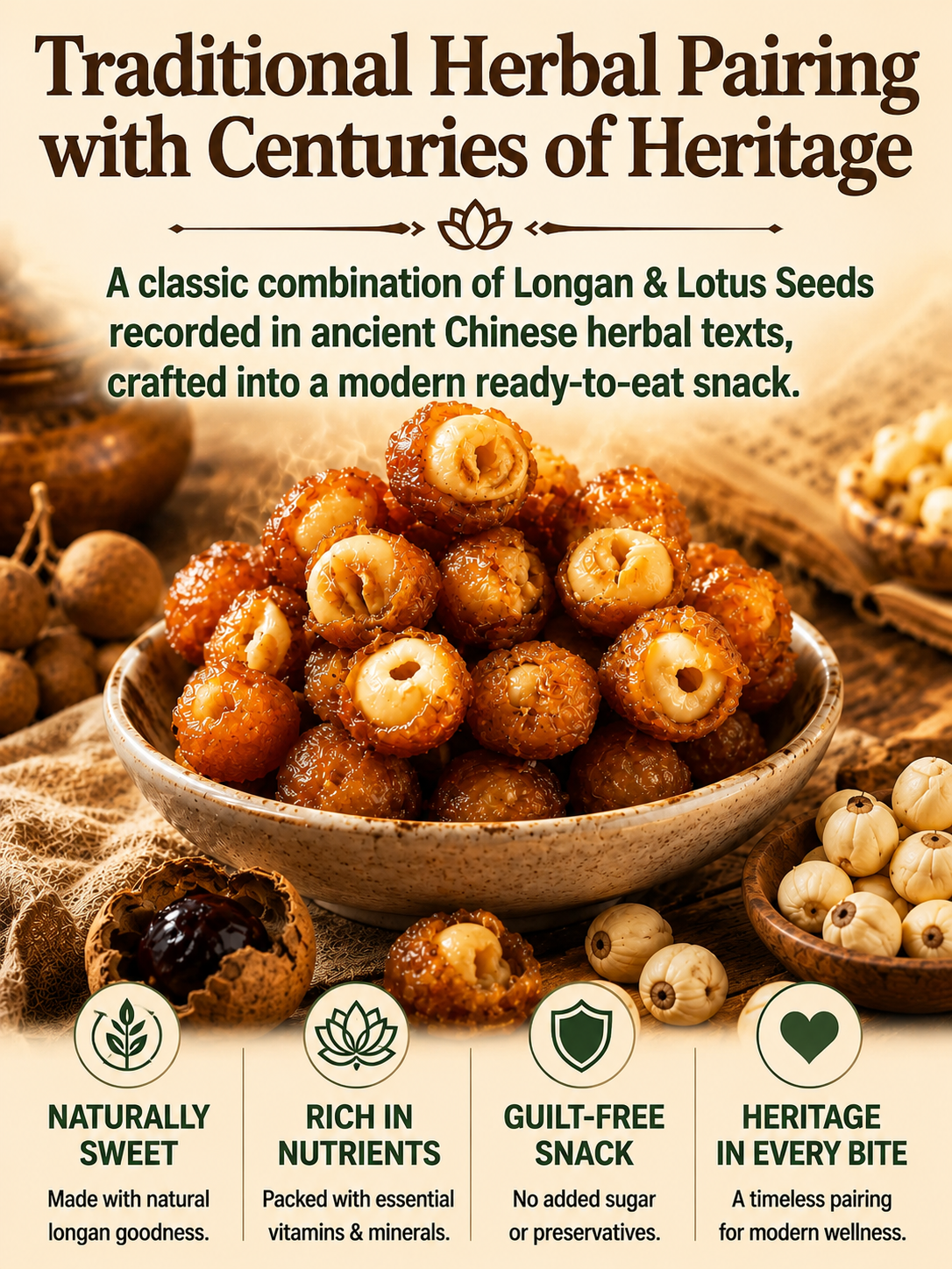 Longan Wrapped Lotus Seeds. Natural Ready-to-Eat Dried Fruit Snack for HeaIth & Relaxation-TI