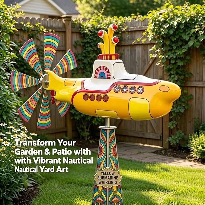 Yellow submarine windmill, a movable outdoor garden decoration with rotating blades, a sturdy and durable metal courtyard windmill, suitable for patios, porches or family gardens, featuring UV protection and non-fading dynamic art sculptures-LIN