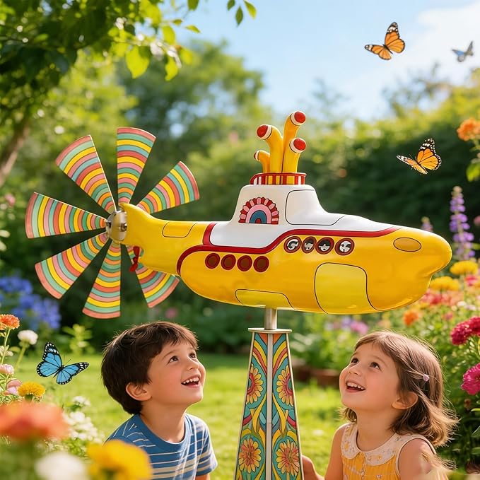 Yellow submarine windmill, a movable outdoor garden decoration with rotating blades, a sturdy and durable metal courtyard windmill, suitable for patios, porches or family gardens, featuring UV protection and non-fading dynamic art sculptures-LIN