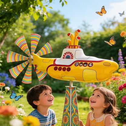 Yellow submarine windmill, a movable outdoor garden decoration with rotating blades, a sturdy and durable metal courtyard windmill, suitable for patios, porches or family gardens, featuring UV protection and non-fading dynamic art sculptures-LIN