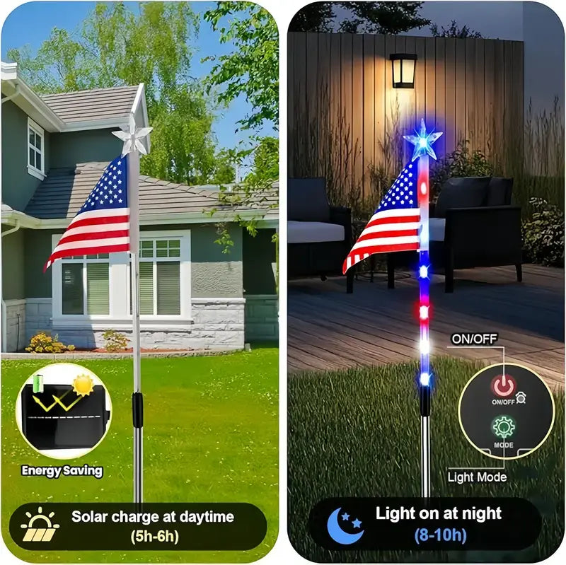 🎉Solar-powered outdoor American flag light set🎉, 4th of July Decorations with 8 Lighting Modes, Dusk-to-Dawn Auto On/Off Red White Blue Lights for Pathway, Garden Yd Decor, Solar Outdoor Lights-LIN