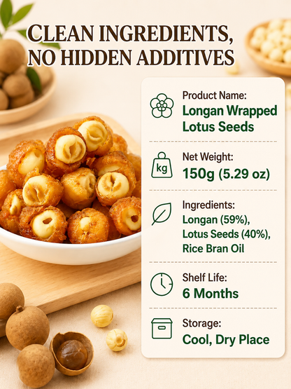 Longan Wrapped Lotus Seeds. Natural Ready-to-Eat Dried Fruit Snack for HeaIth & Relaxation-TI