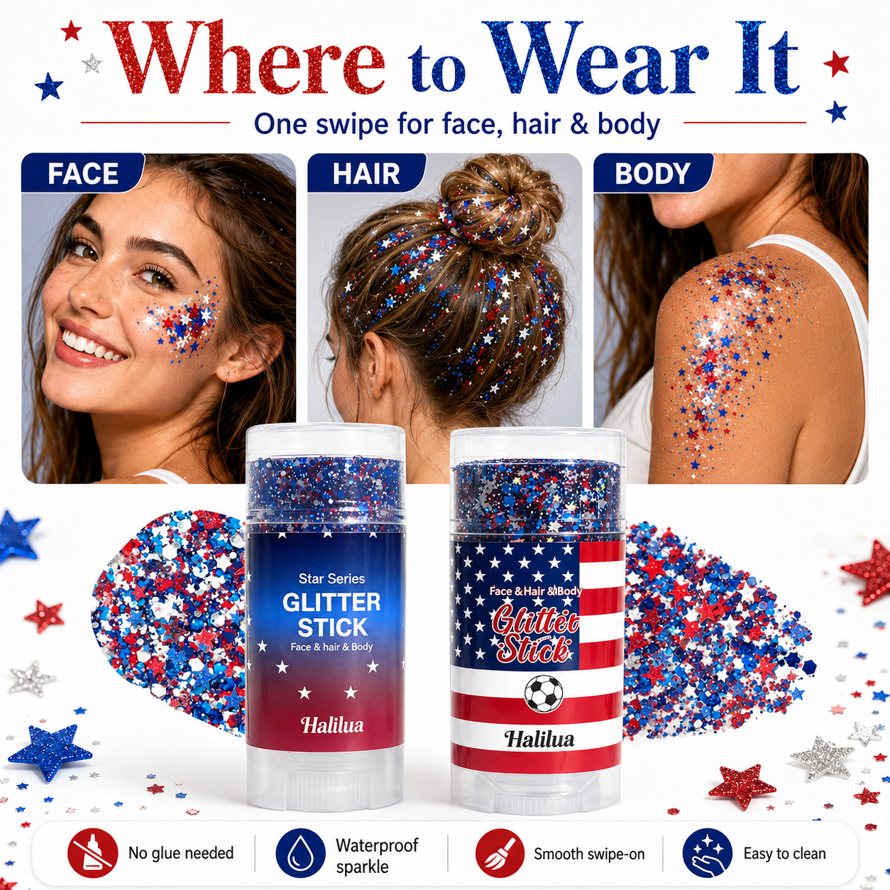 🗽4th of July Sparkle Glitter Wand🎊, Body & Hair Sparkle for Independence Day Party, Festival & Fun Holiday Look-TI