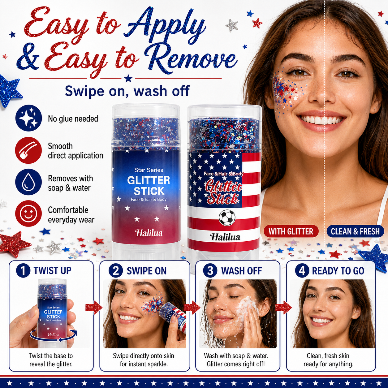 🗽4th of July Sparkle Glitter Wand🎊, Body & Hair Sparkle for Independence Day Party, Festival & Fun Holiday Look-TI