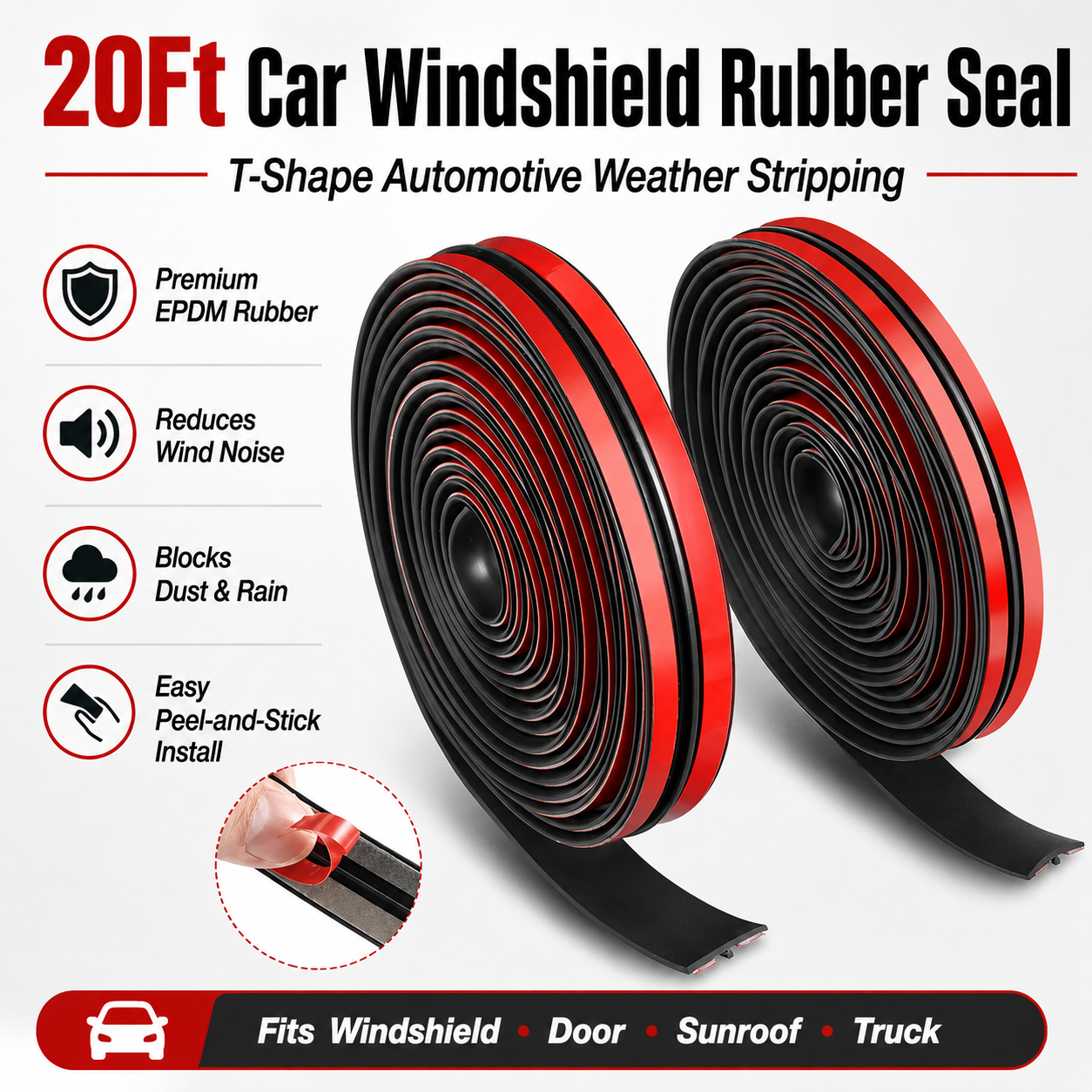 🚗20Ft T-Type Car Rubber Weather Stripping, Windshield Door Sunroof Seal for Cars & Trucks-TI