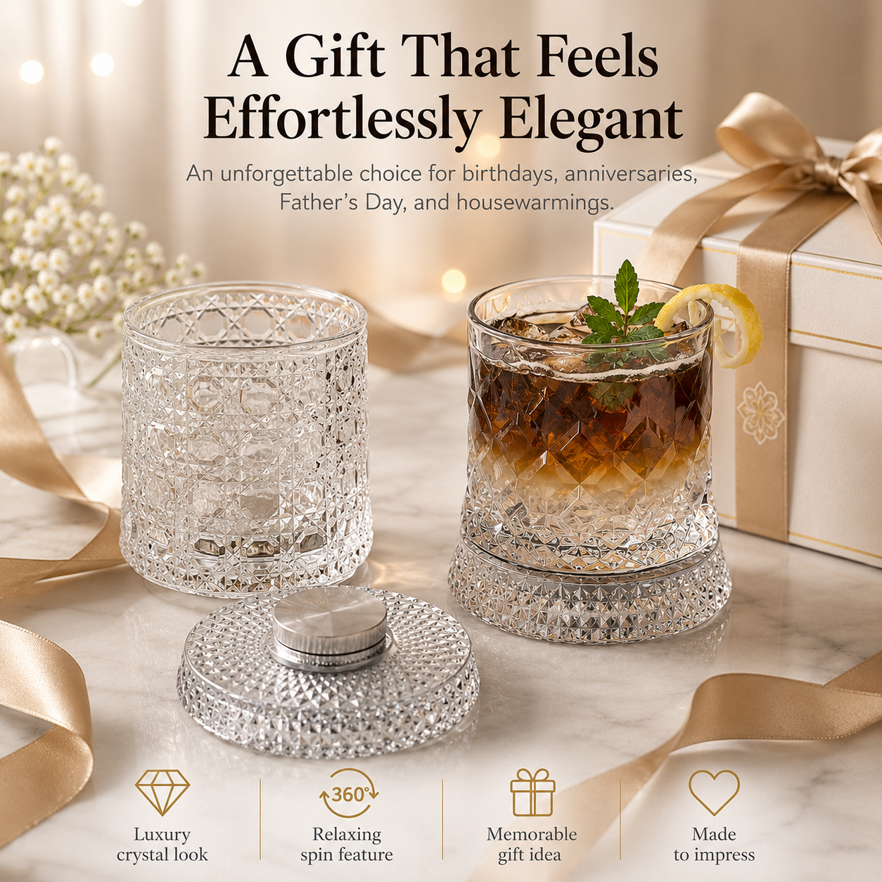 🥃Luxury 360° Rotating Crystal Glass🥂, Star-Cut Whiskey & Wine Glass, Elegant Barware Gift for Stress Relief-TI
