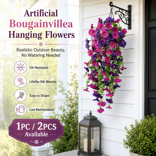 🏵️Artificial Bougainvillea Faux Flowers Plants Baskets for Outdoor Outside Decoration, Fake Silk Flowers Long Trailing Vines UV Resistant Realistic for Front Door Porch Patio-TI