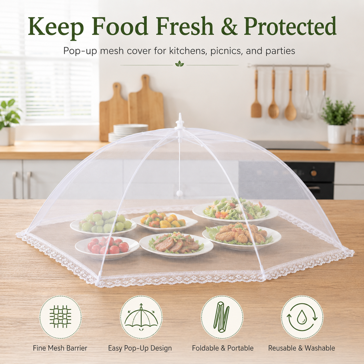 🚫🪰Foldable Mesh Food Tent Cover, Portable Bug Proof Food Protector for Outdoor Picnic BBQ Party, Lightweight Kitchen Fruit & Salad Food Shelter-TI