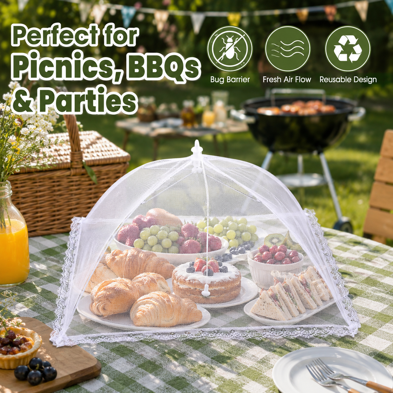🚫🪰Foldable Mesh Food Tent Cover, Portable Bug Proof Food Protector for Outdoor Picnic BBQ Party, Lightweight Kitchen Fruit & Salad Food Shelter-TI