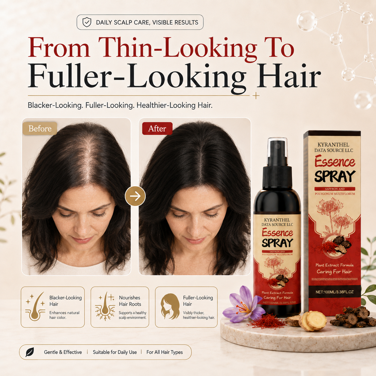 👱🏻‍♀️Polygonum Multiflorum Saffron Scalp Essence Spray🌿, Herbal Treatment for Gray Hair & Thinning Hair Loss-TI