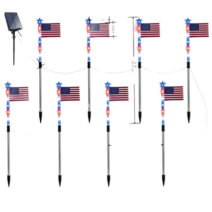 🎉Solar-powered outdoor American flag light set🎉, 4th of July Decorations with 8 Lighting Modes, Dusk-to-Dawn Auto On/Off Red White Blue Lights for Pathway, Garden Yd Decor, Solar Outdoor Lights-LIN