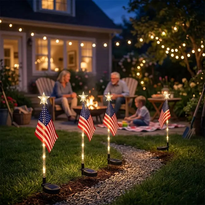 🎉Solar-powered outdoor American flag light set🎉, 4th of July Decorations with 8 Lighting Modes, Dusk-to-Dawn Auto On/Off Red White Blue Lights for Pathway, Garden Yd Decor, Solar Outdoor Lights-LIN