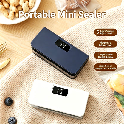 🌟 Rechargeable Mini Bag Sealer & Cutter 🌟, 2-in-1 USB-C Handheld Heat Sealer with Magnet, 6 Temp Levels & LED Display for Food Storage Bags-LIN