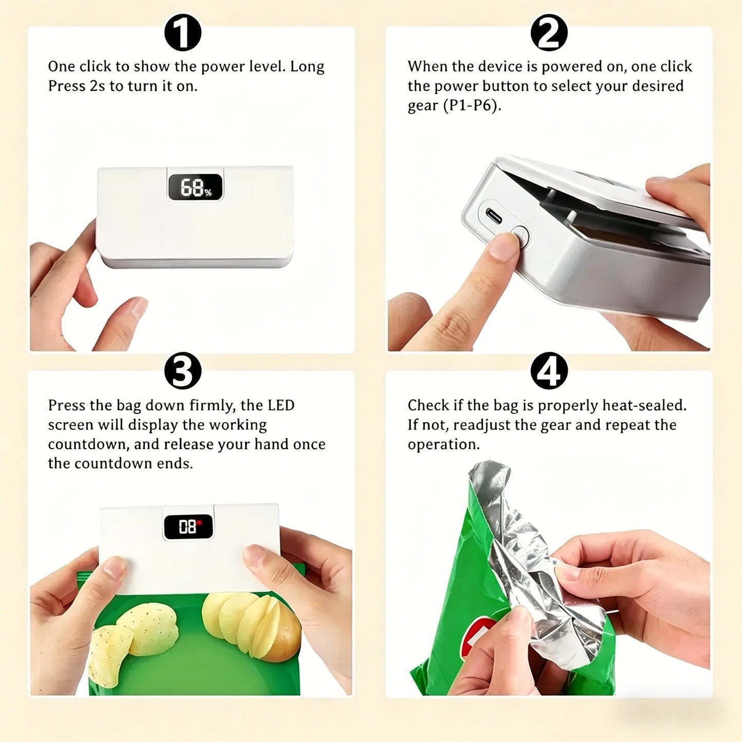 🌟 Rechargeable Mini Bag Sealer & Cutter 🌟, 2-in-1 USB-C Handheld Heat Sealer with Magnet, 6 Temp Levels & LED Display for Food Storage Bags-LIN