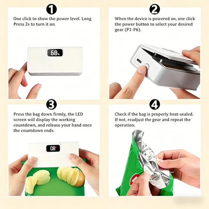 🌟 Rechargeable Mini Bag Sealer & Cutter 🌟, 2-in-1 USB-C Handheld Heat Sealer with Magnet, 6 Temp Levels & LED Display for Food Storage Bags-LIN