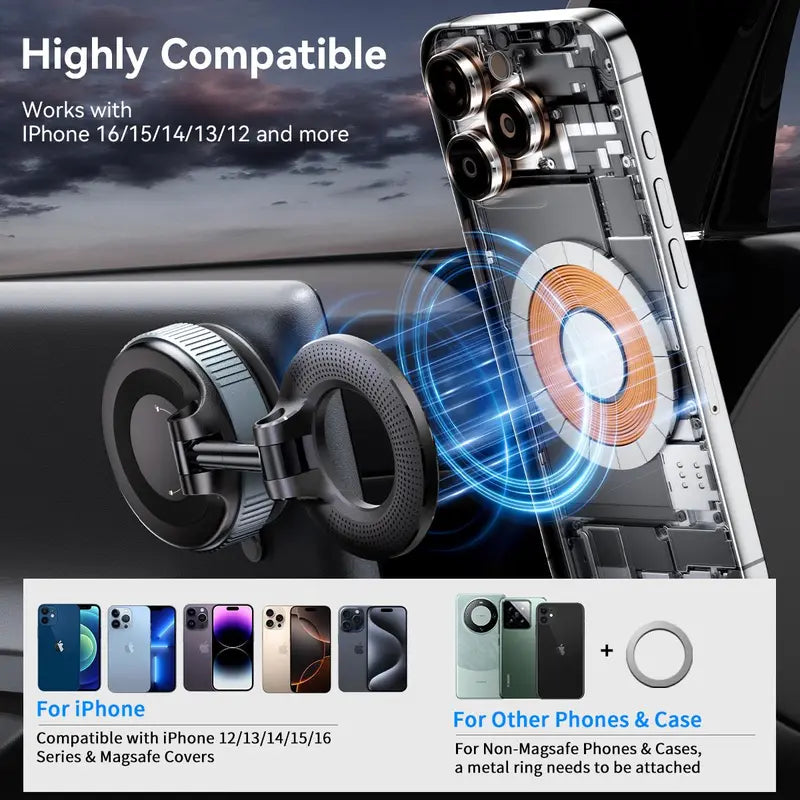 360° Adjustable Vacuum Magnetic Phone Holder, Suction Cup Phone Mount for Magsafe, Portable Cell Phone Holder for Car,Makeup/Gym/Mirror, Fit for All iphone iphone 12 and above-LIN